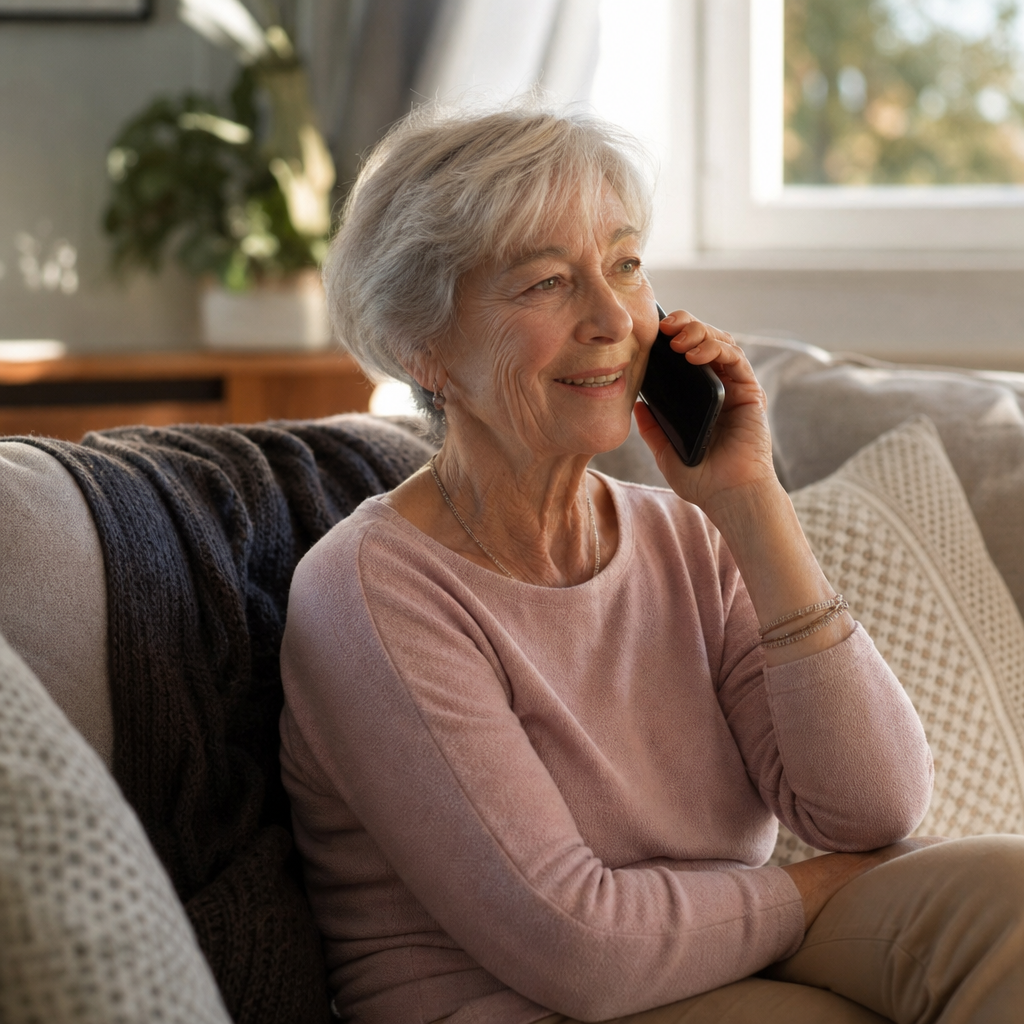 free number to call when lonely — an older woman smiling as she talks on a free companion phone line from her living room