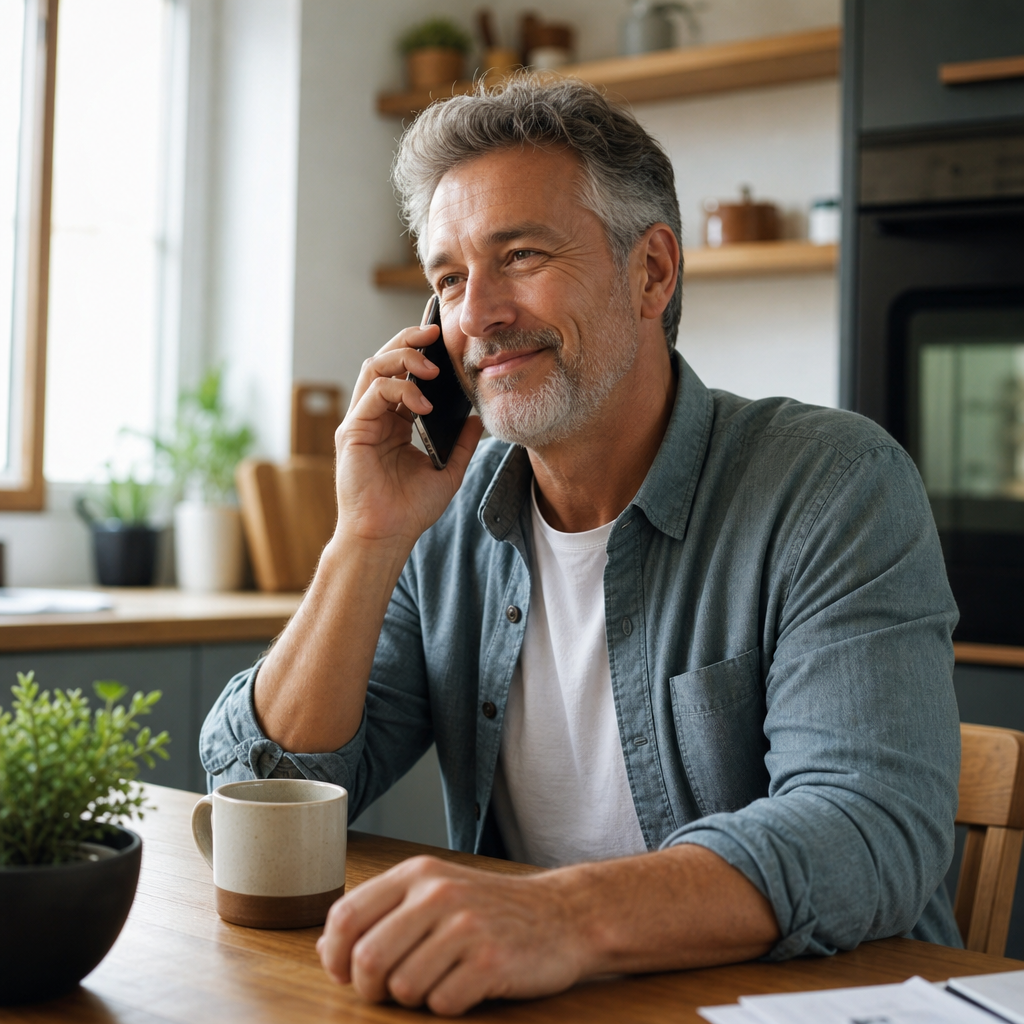 free number to call when lonely — a man relaxing at his kitchen table as a real, caring person answers his call