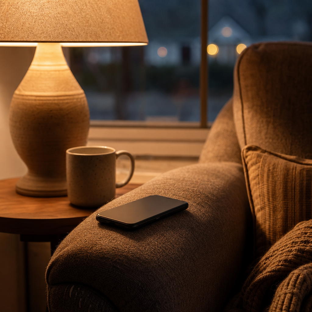 i have no one to talk to — a phone resting on a chair beside a warm lamp in a softly lit evening living room