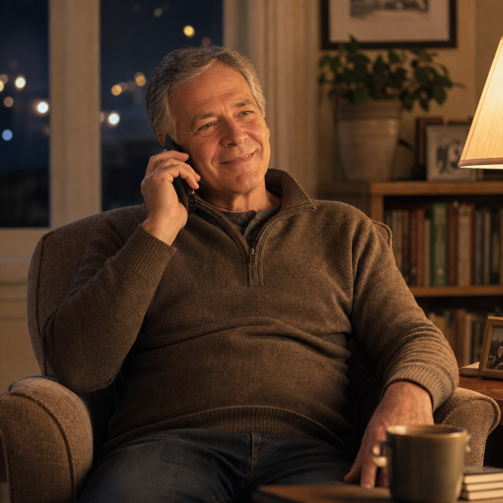 feeling lonely at night — a man making a late-night phone call from his armchair under warm lamplight