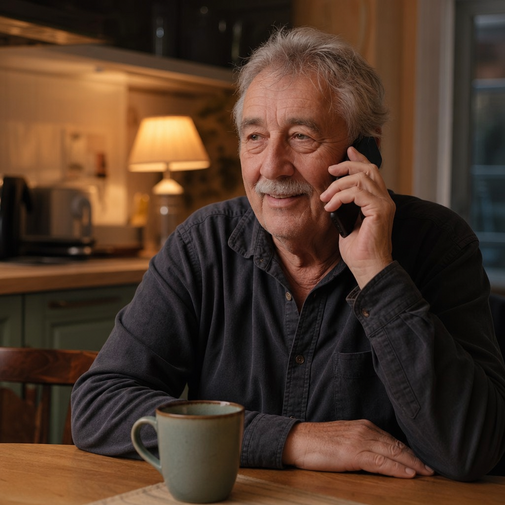 number to call just to talk — a man at his kitchen table chatting easily on the phone in the evening