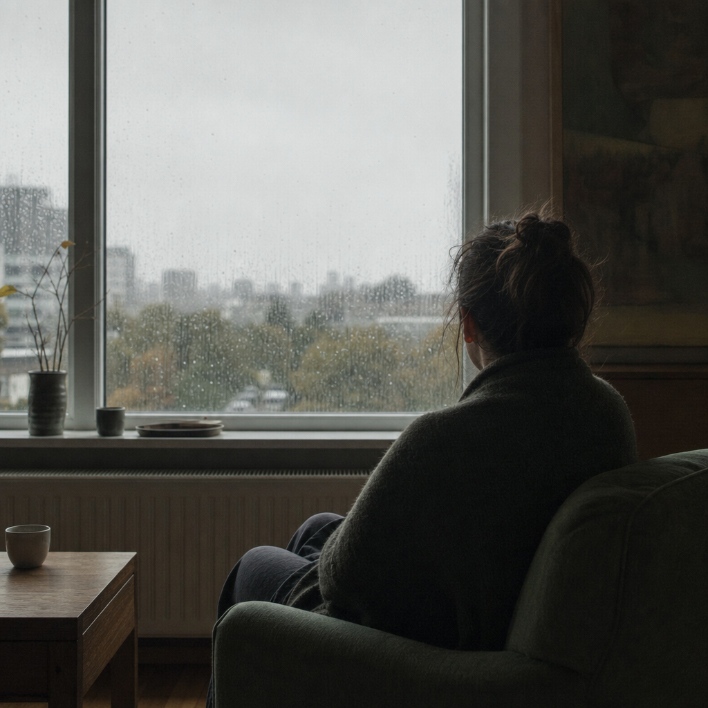 loneliness and depression — a person sitting alone by a rain-streaked window in soft gray morning light