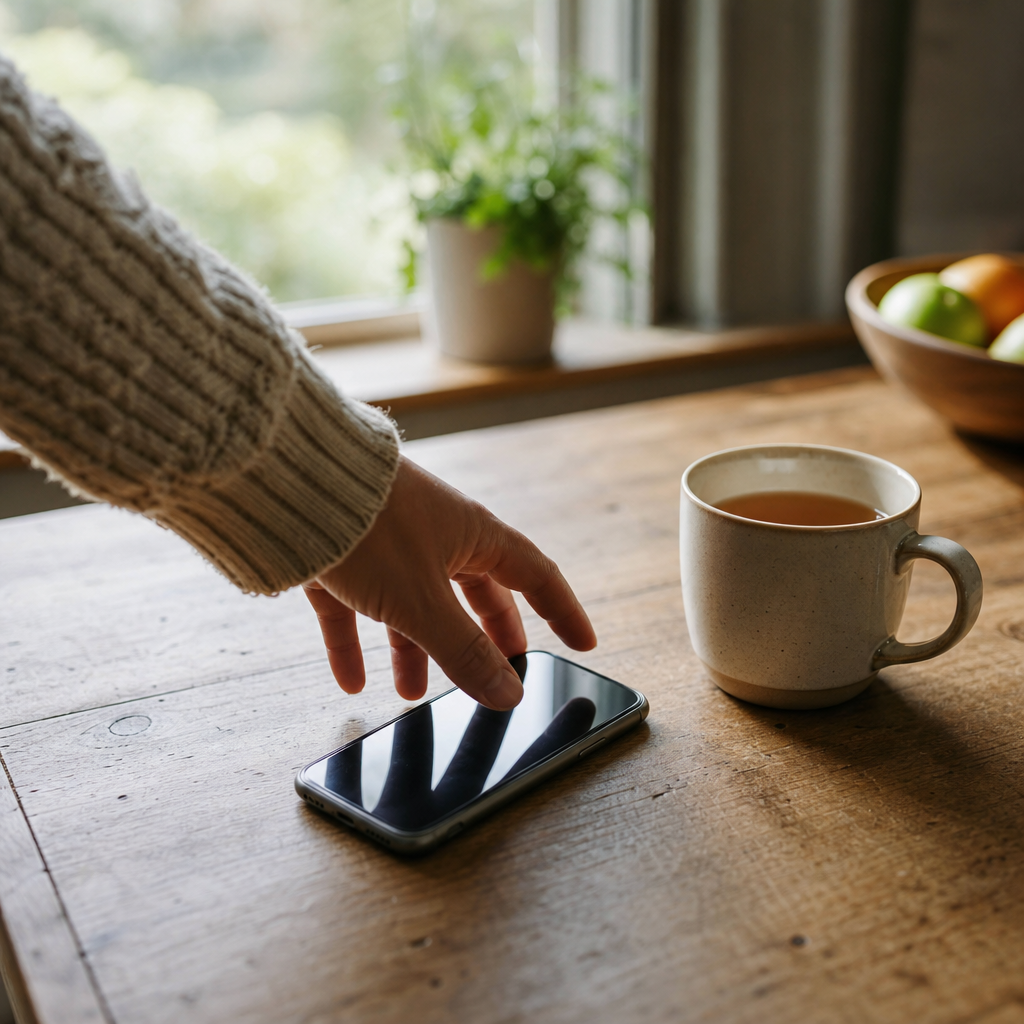 who to call when you're lonely — a hand reaching for a phone on a kitchen table to call a free companion line