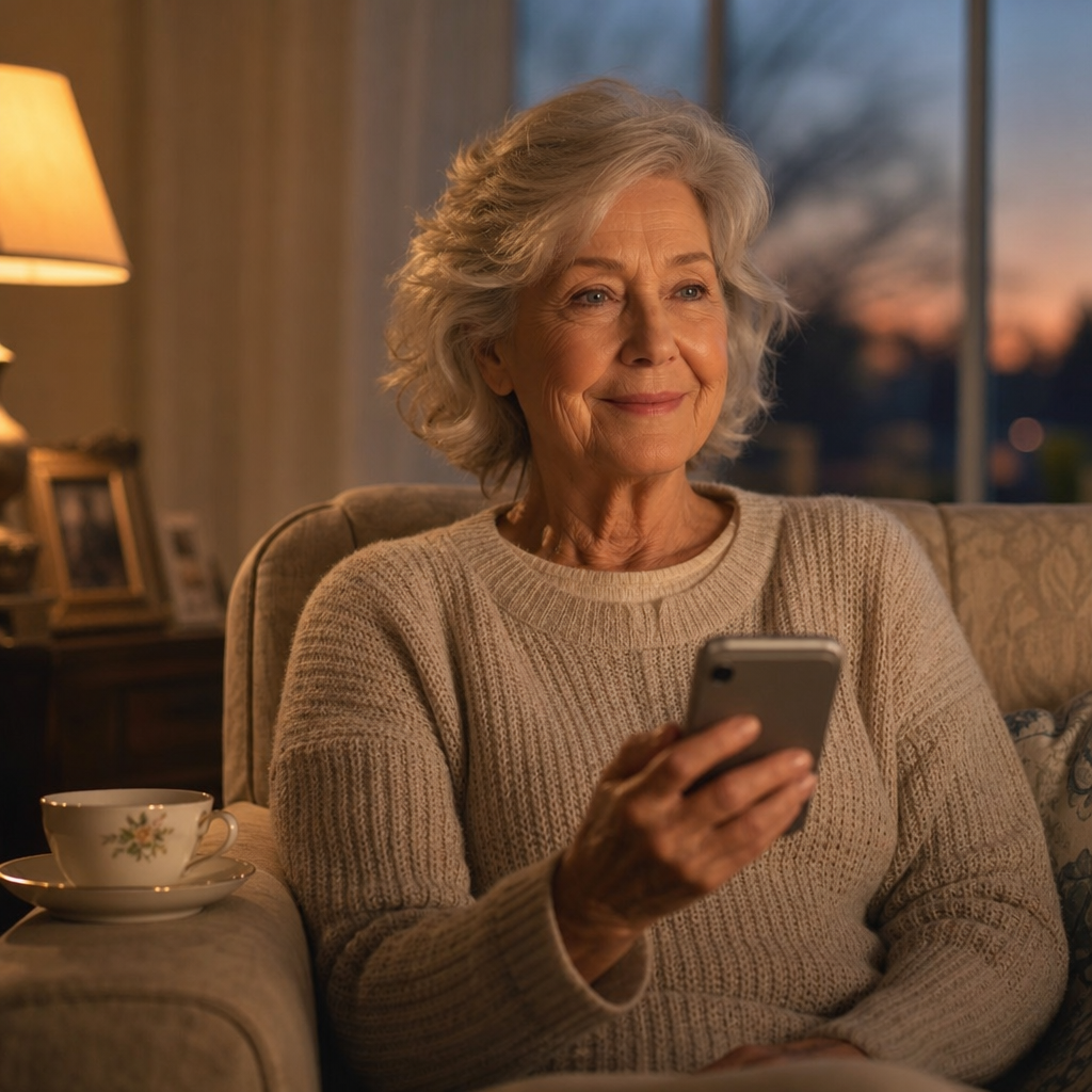 living alone and lonely — a woman in her 60s in a warmly lit living room reaching for the phone with a gentle smile