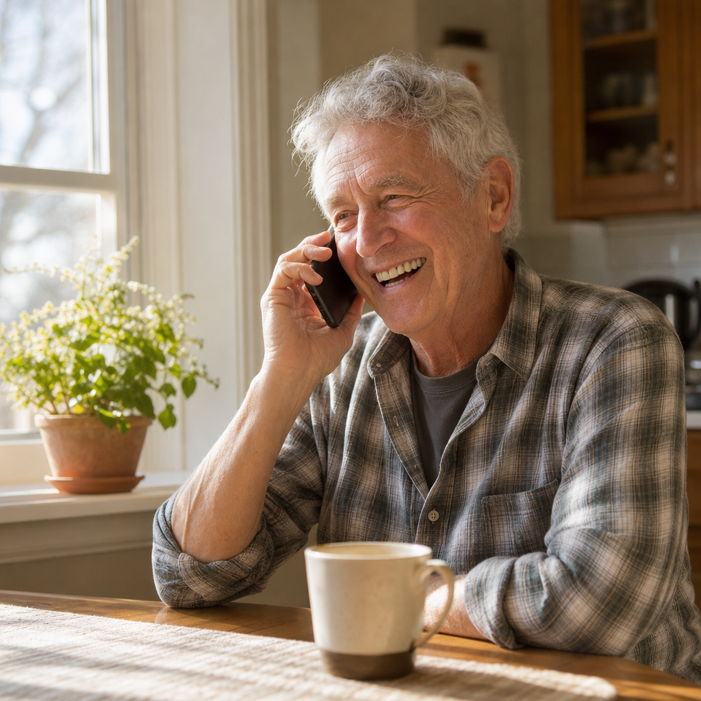 living alone and lonely — a man in his 70s laughing on the phone at his sunny kitchen table