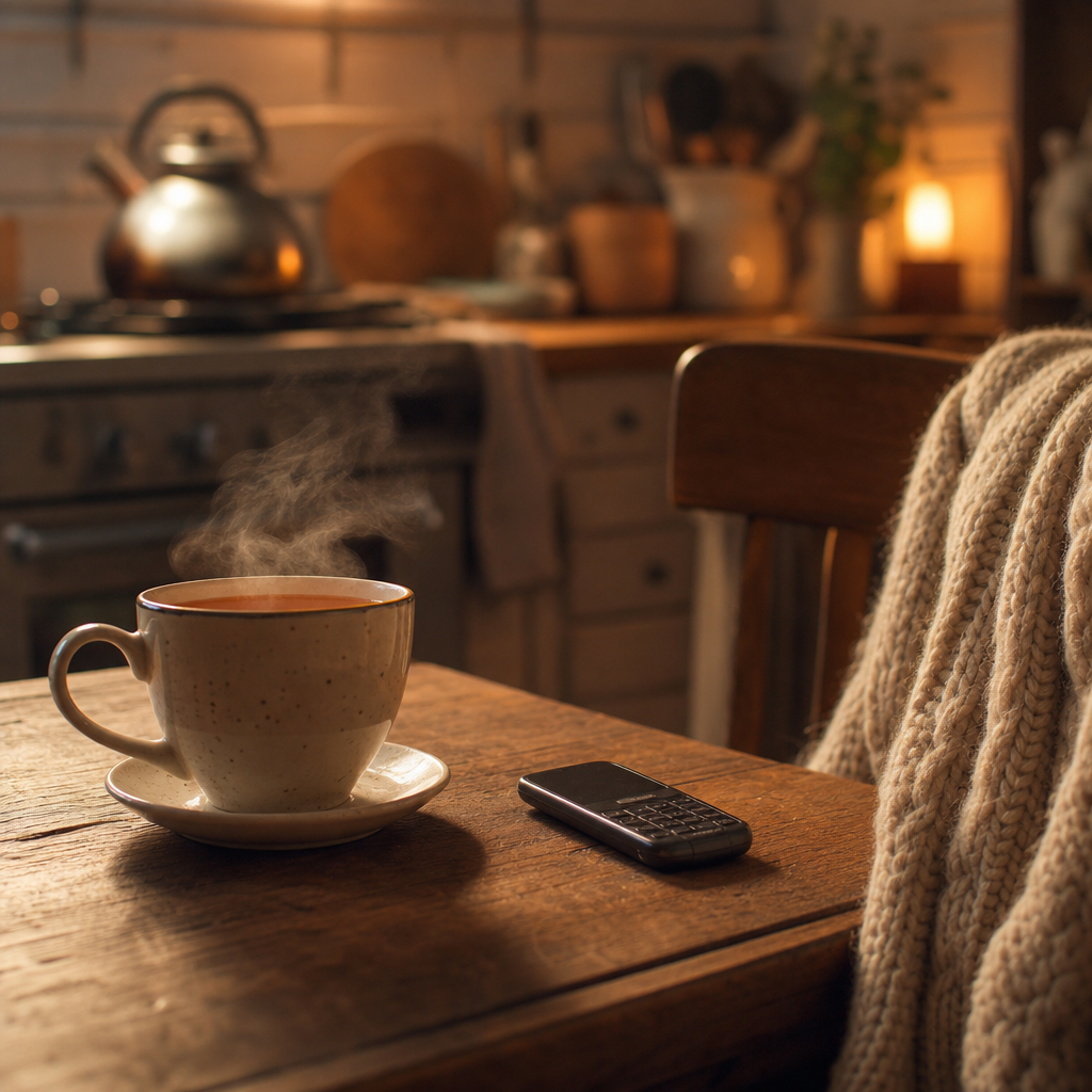what to do when you feel lonely — a cup of tea and a phone on a kitchen table, ready for a call to a friendly voice