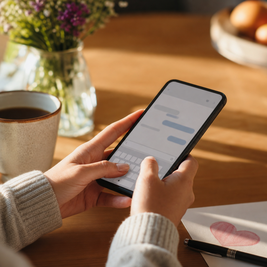 what to say to someone who is lonely — sending a short, kind text message from the kitchen table