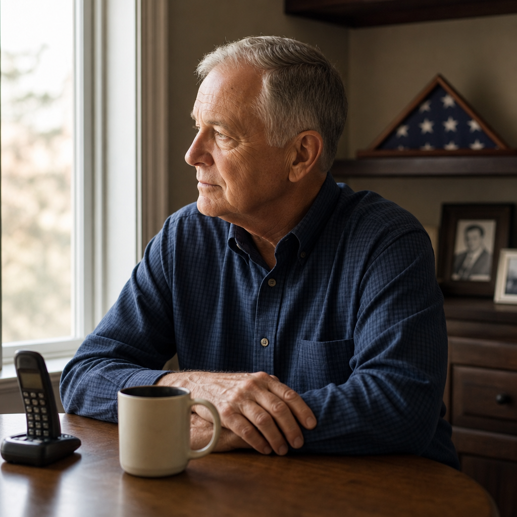 veteran loneliness — an older veteran sitting alone at his kitchen table in morning light with a phone and a mug of coffee