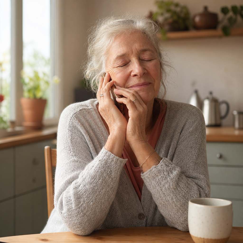 i just need someone to listen — a woman in her sixties holding a phone to her ear at her kitchen table, eyes closed, shoulders relaxed as she is finally heard