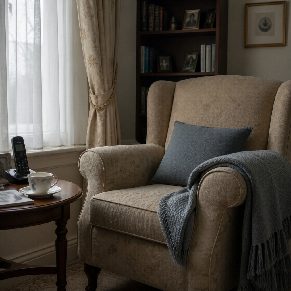 someone to talk to about grief — an empty armchair by a window with a telephone and a cup of tea on the side table