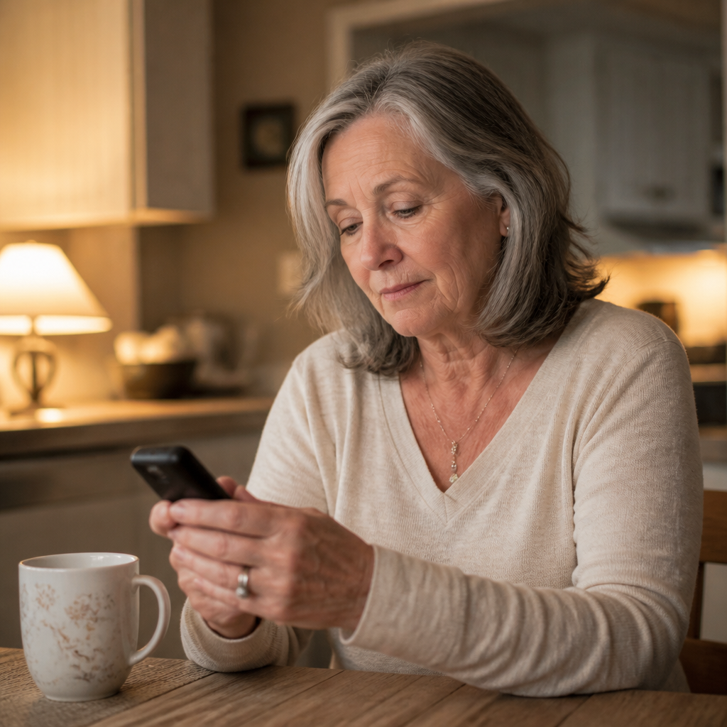 call a hotline just to talk — a woman at her kitchen table holding a phone, deciding whether to dial