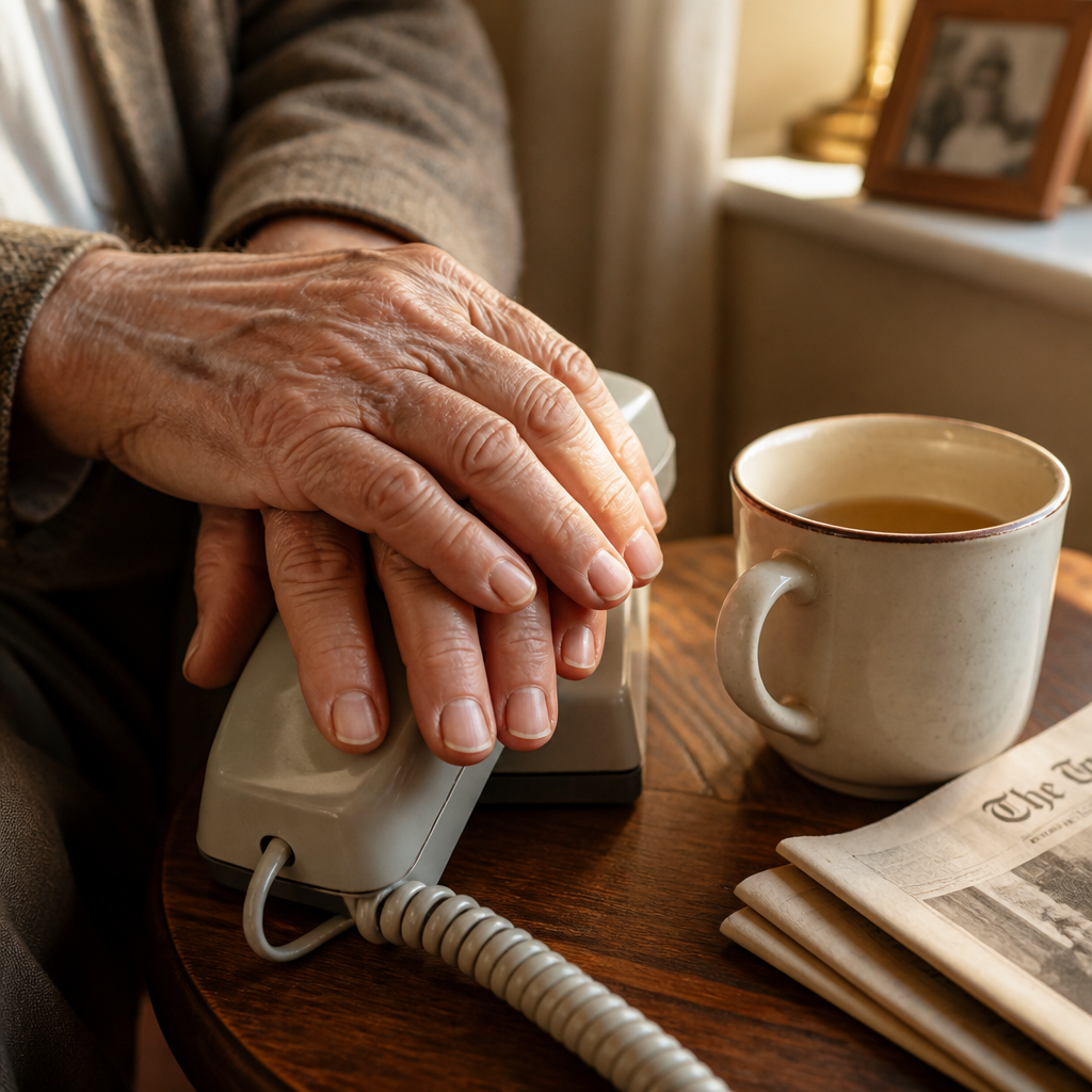 call a hotline just to talk — an older man's hands resting on a telephone beside a mug of tea