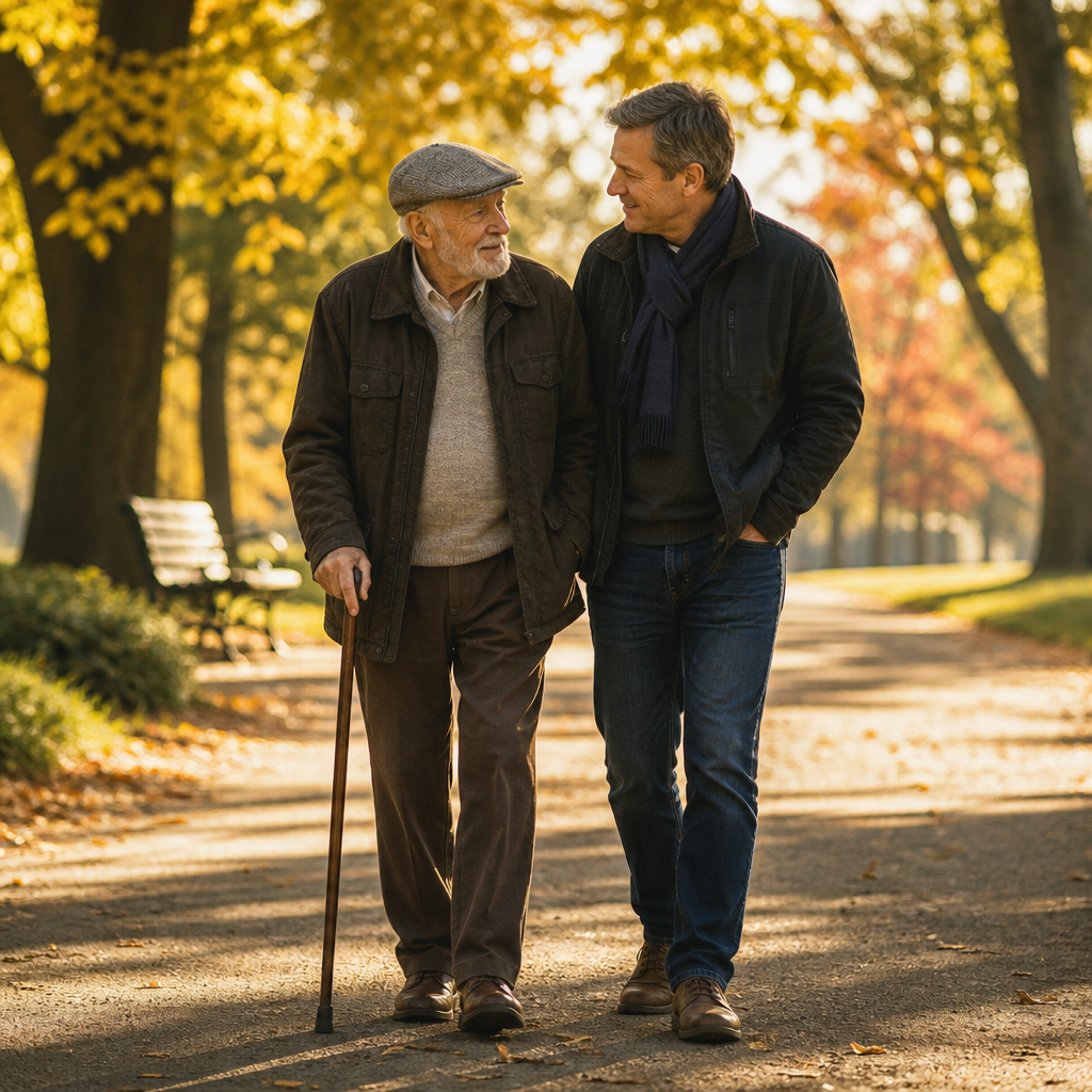 loneliness and frailty — older man with a cane walking a park path with a friend beside him