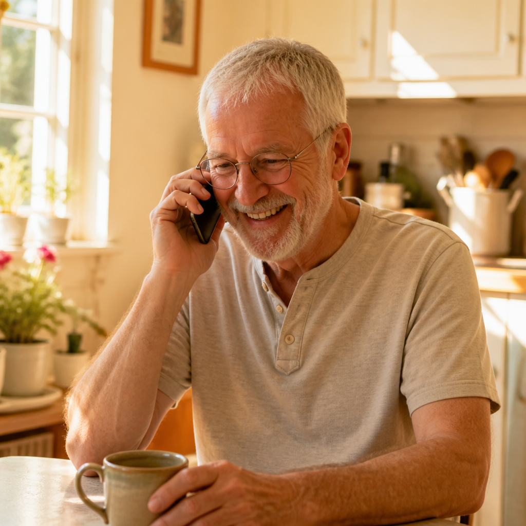 talk to a real person on the phone — an older man smiling during a phone call at his kitchen table