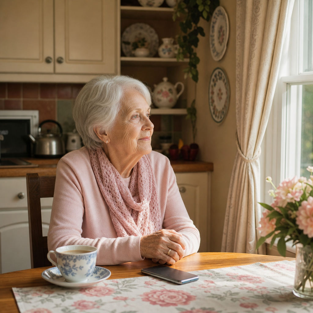 my adult children never call me — an older woman sitting at a sunlit kitchen table beside a quiet phone and a cup of tea