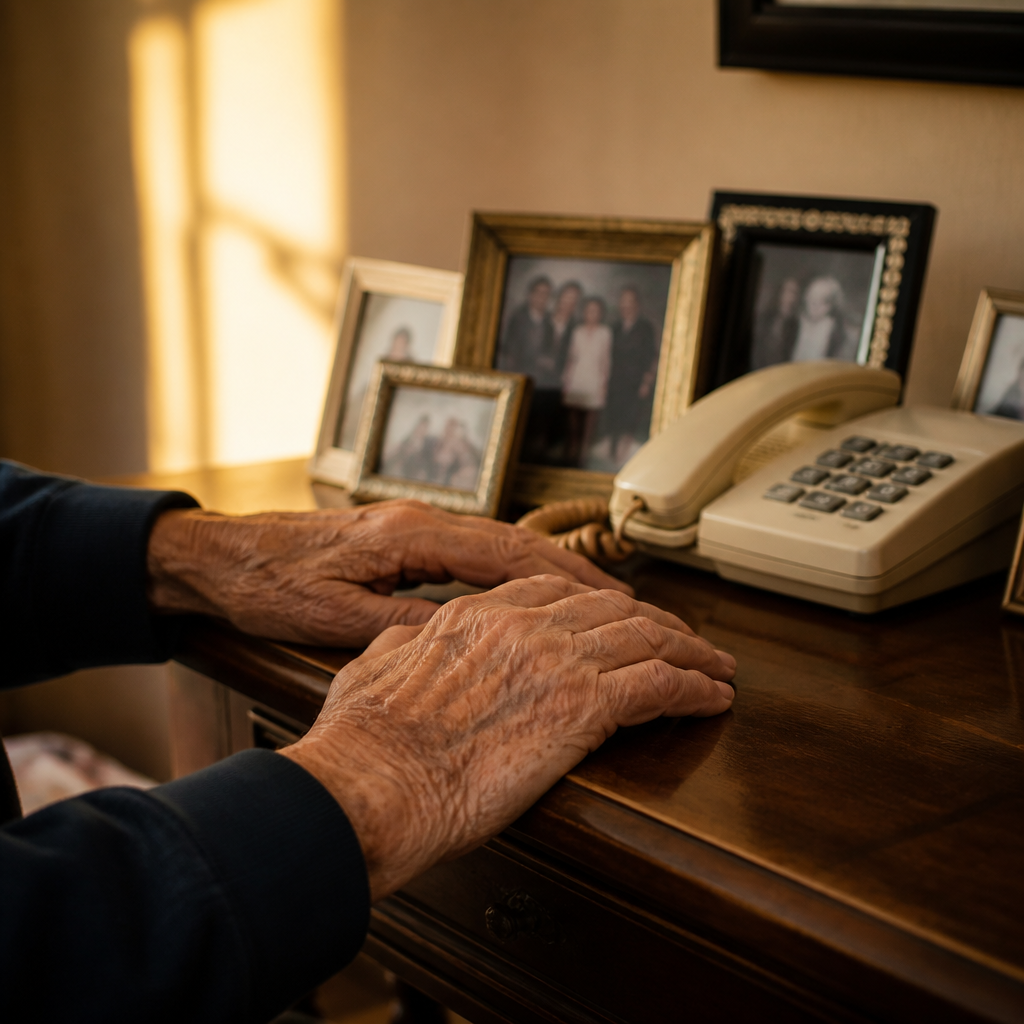 my adult children never call me — an older man's hands beside a hallway telephone and a row of framed family photographs