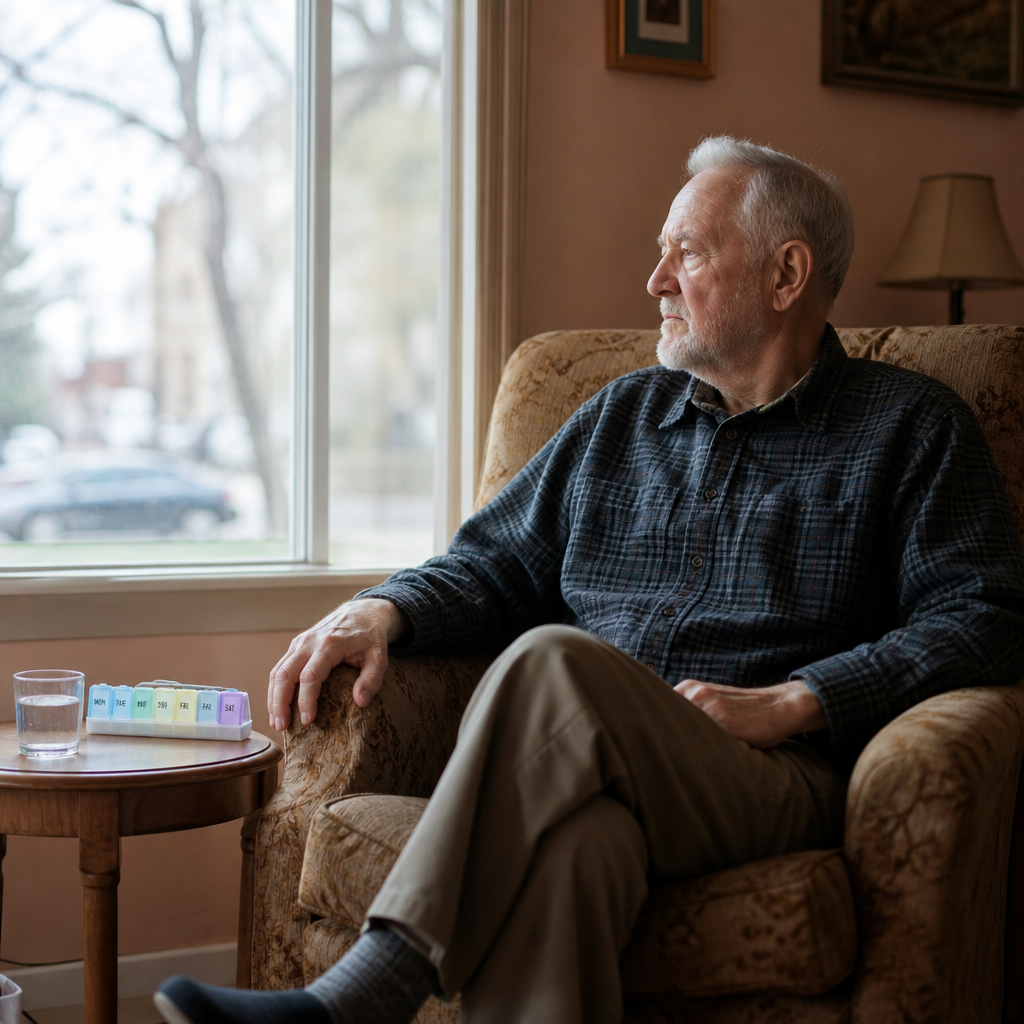 chronic illness and loneliness — an older man sitting alone by a living-room window with a weekly pill organizer on the side table