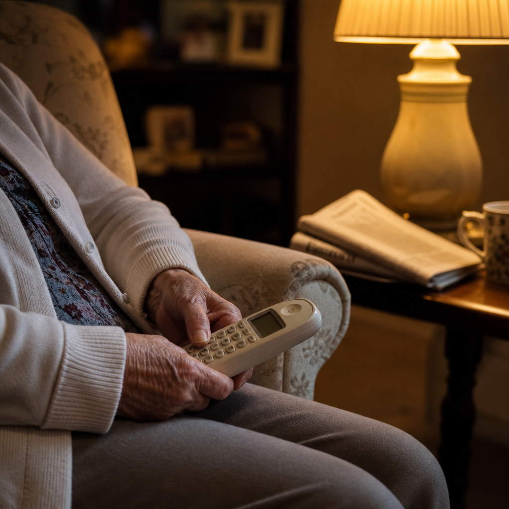 friendship line for seniors — an older woman's hands holding a cordless phone in an armchair by lamplight