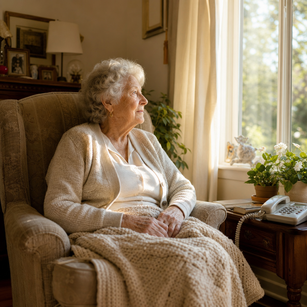 homebound and lonely - an older woman sits by a sunlit window with a telephone on the table beside her