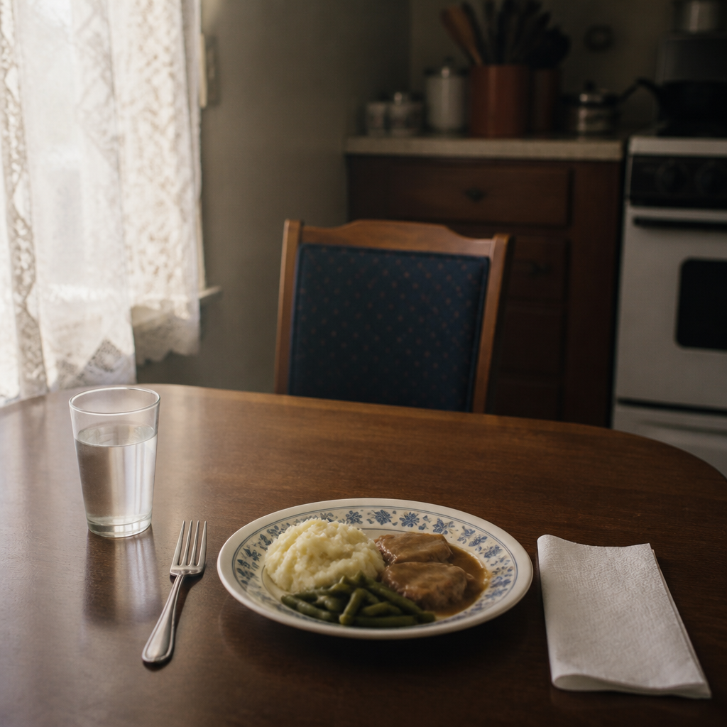 eating alone every day - one place setting and an empty chair at a modest kitchen table in warm window light