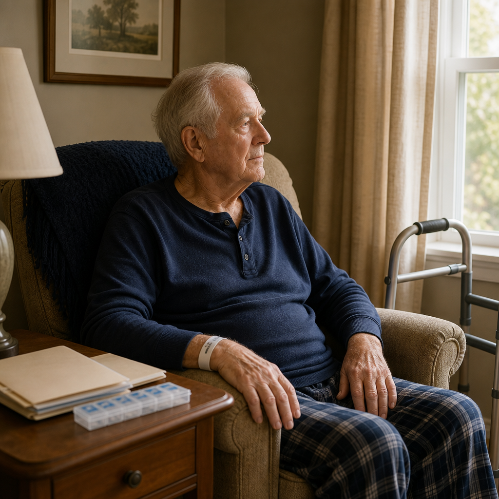 Lonely after a hospital stay: an older man sits alone in his living room with discharge paperwork and a pill organizer beside him