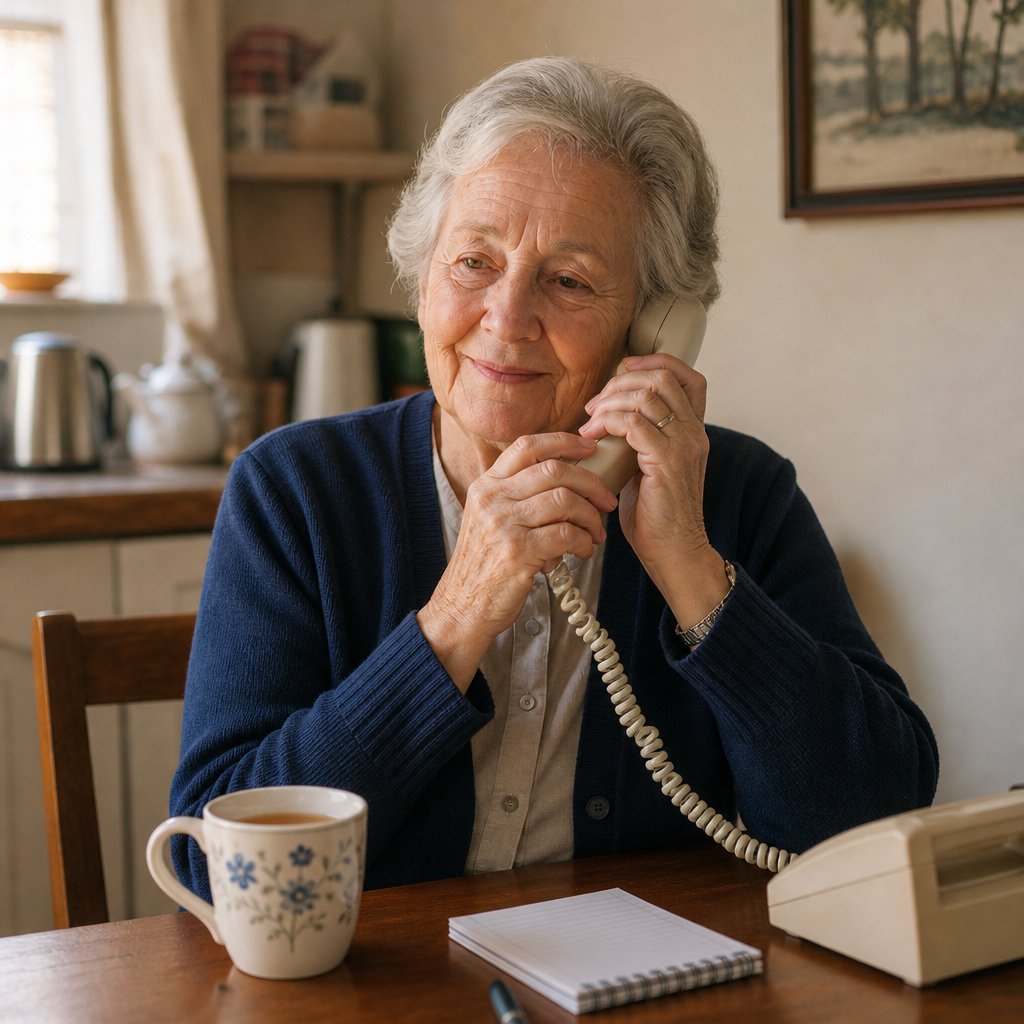 Lonely after a hospital stay: an older woman at her kitchen table calling a free phone line for someone to talk to