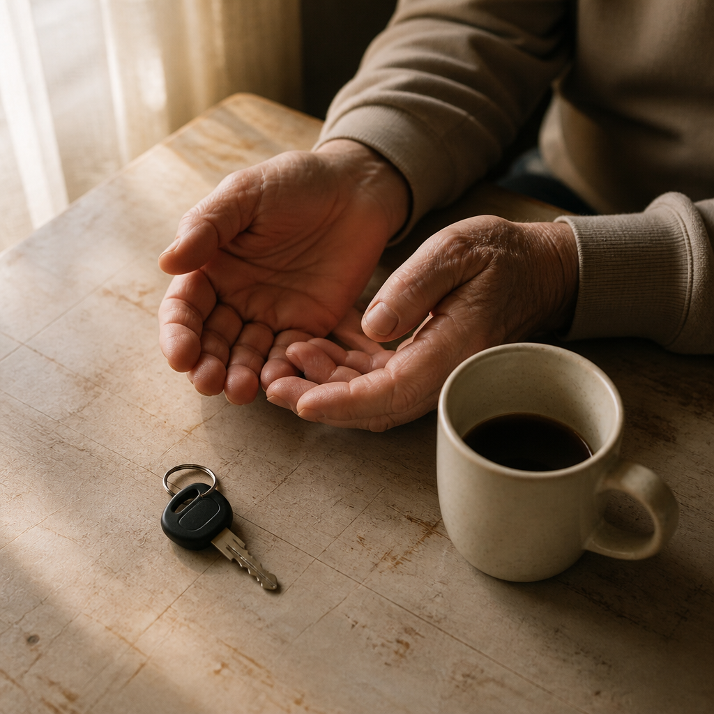 Lonely after giving up driving: older hands resting beside car keys on a kitchen table