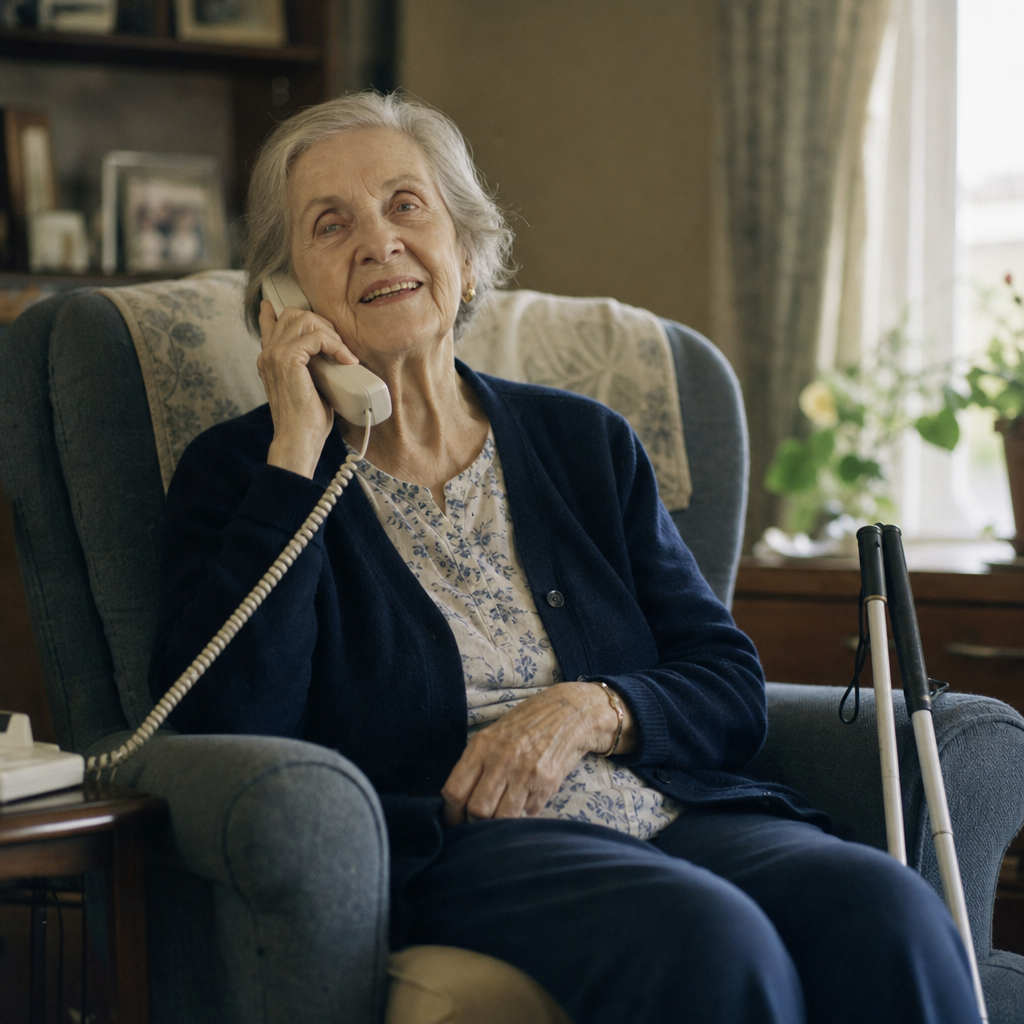 Vision loss and loneliness: an older woman with a white cane beside her chair talking on a free phone line at home