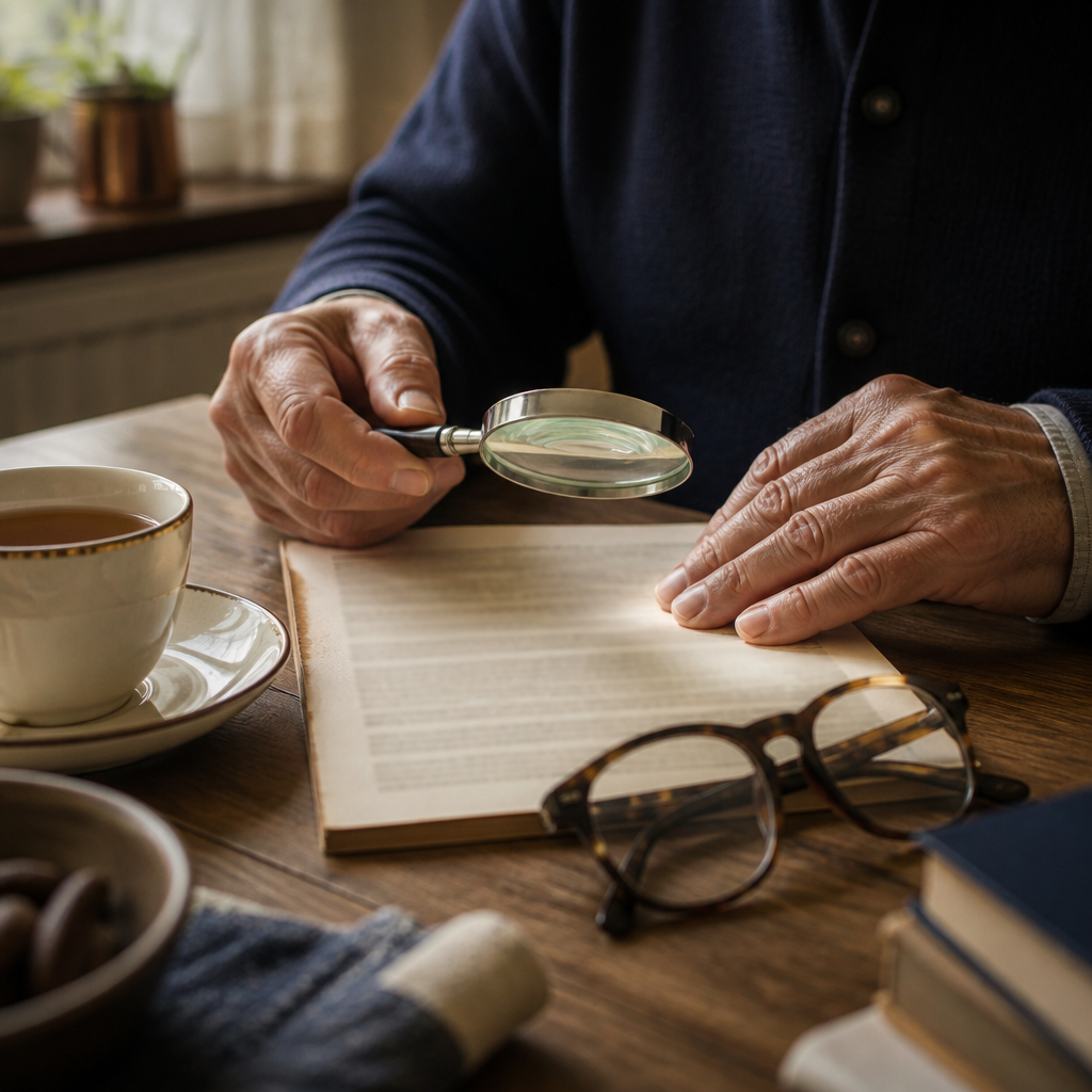 Vision loss and loneliness: an older man using a magnifying glass over a page he can no longer read at his kitchen table
