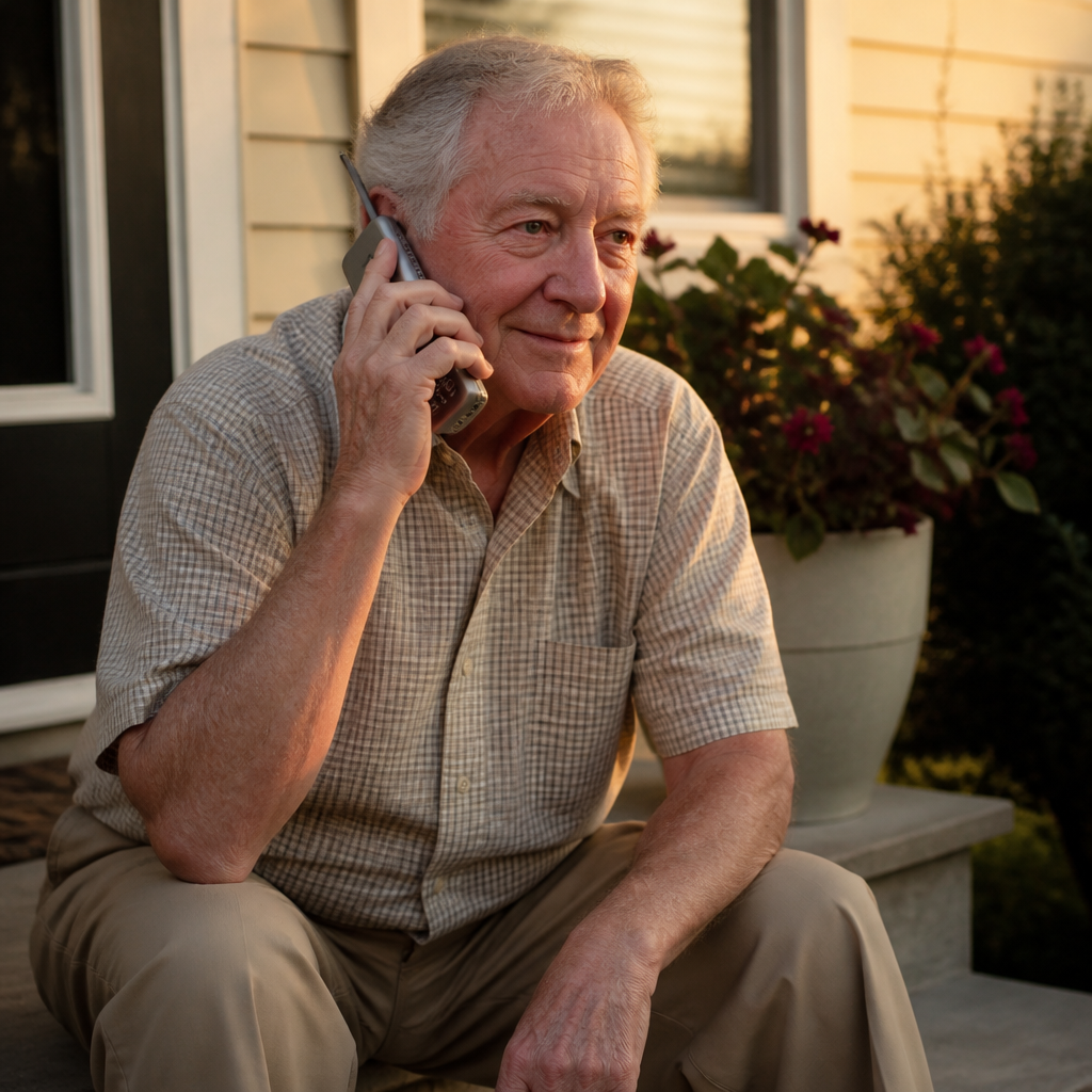 talk to a stranger about your problems — an older man sitting on his porch steps holding a phone to his ear, shoulders relaxed, mid-conversation