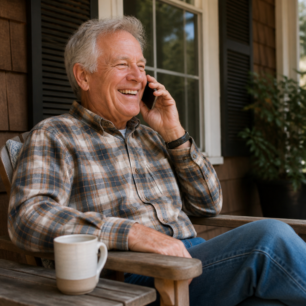 988 for older adults: an older man talking on the phone on his porch – most people over 50 have never heard of the 988 Lifeline, but a real person is one call away
