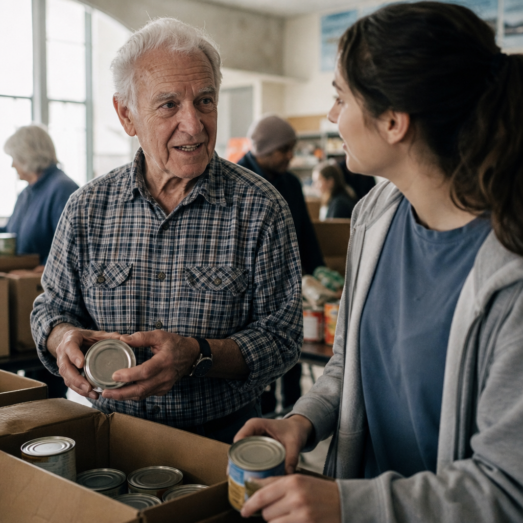 Does volunteering help with loneliness: an older man packing food boxes beside another volunteer at a community center