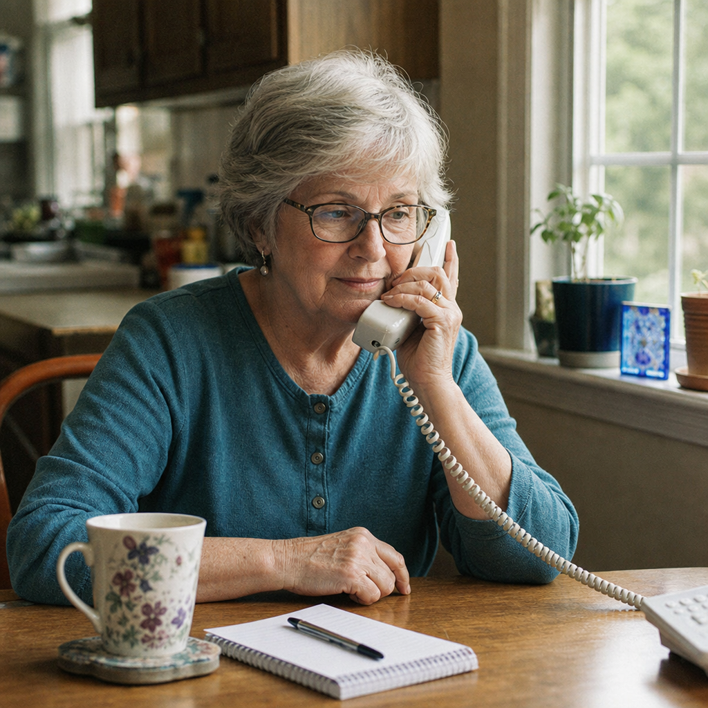 Does volunteering help with loneliness: an older woman making a volunteer check-in call on a landline telephone at her kitchen table