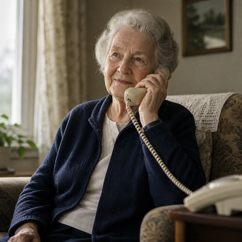 How often should you call your elderly parent: an older woman listening on a corded telephone by her living room window