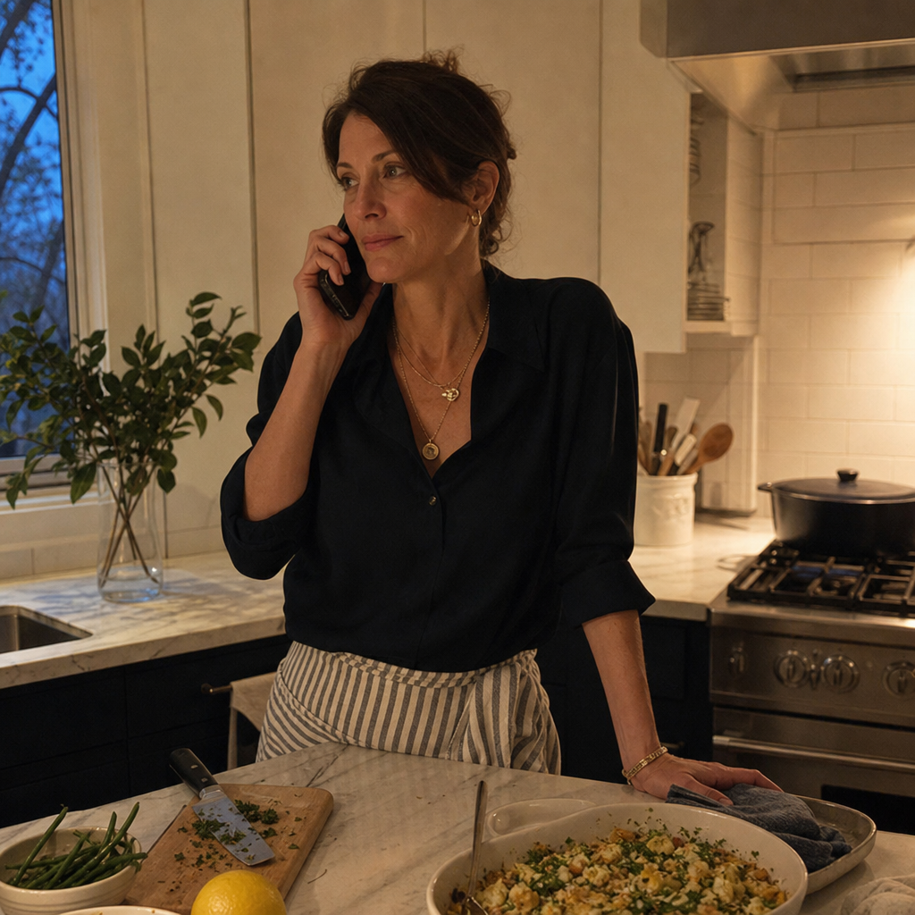 How often should you call your elderly parent - an adult daughter making an unhurried evening check-in call from her kitchen