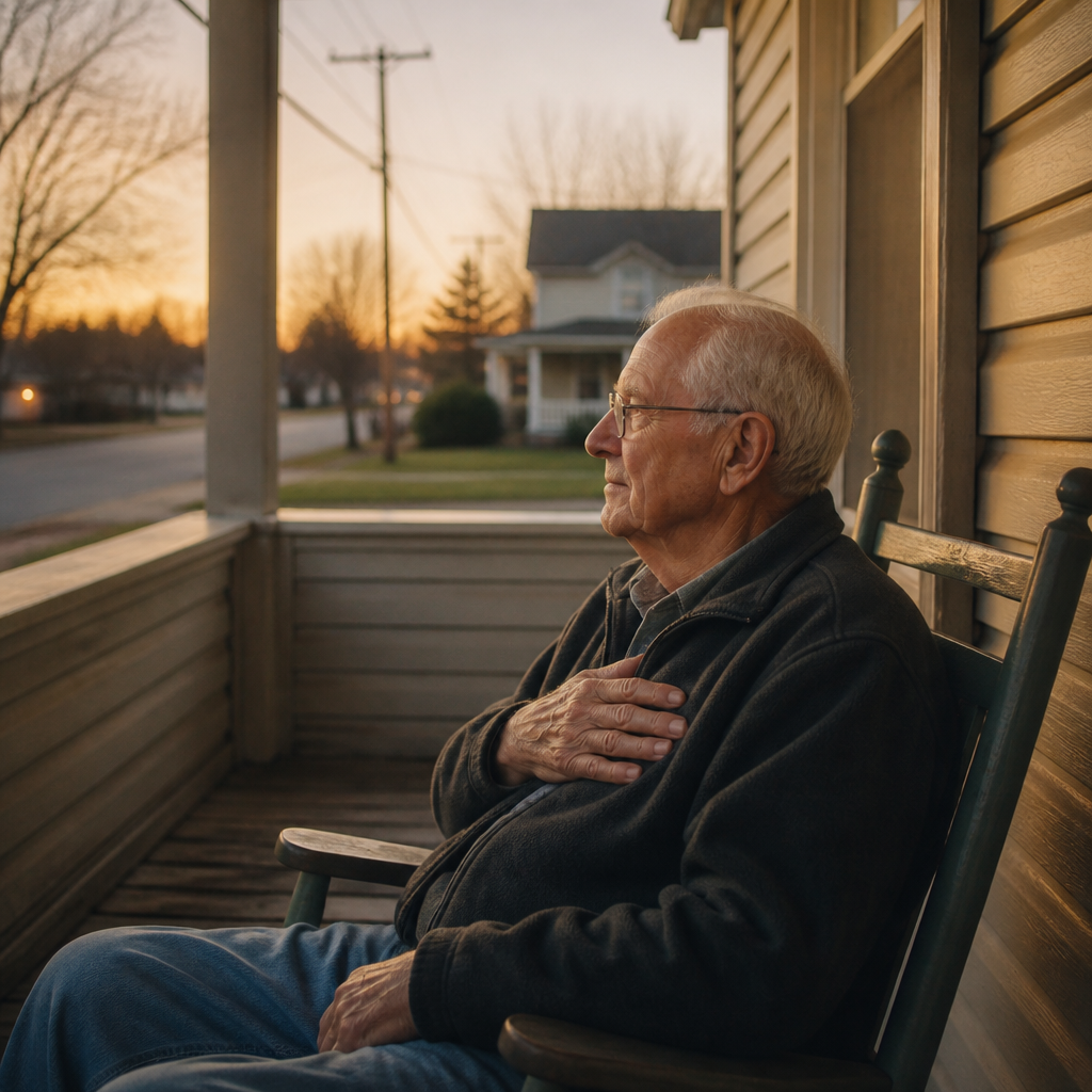 Loneliness and heart disease - older man sitting alone on his porch at dusk with a hand over his heart
