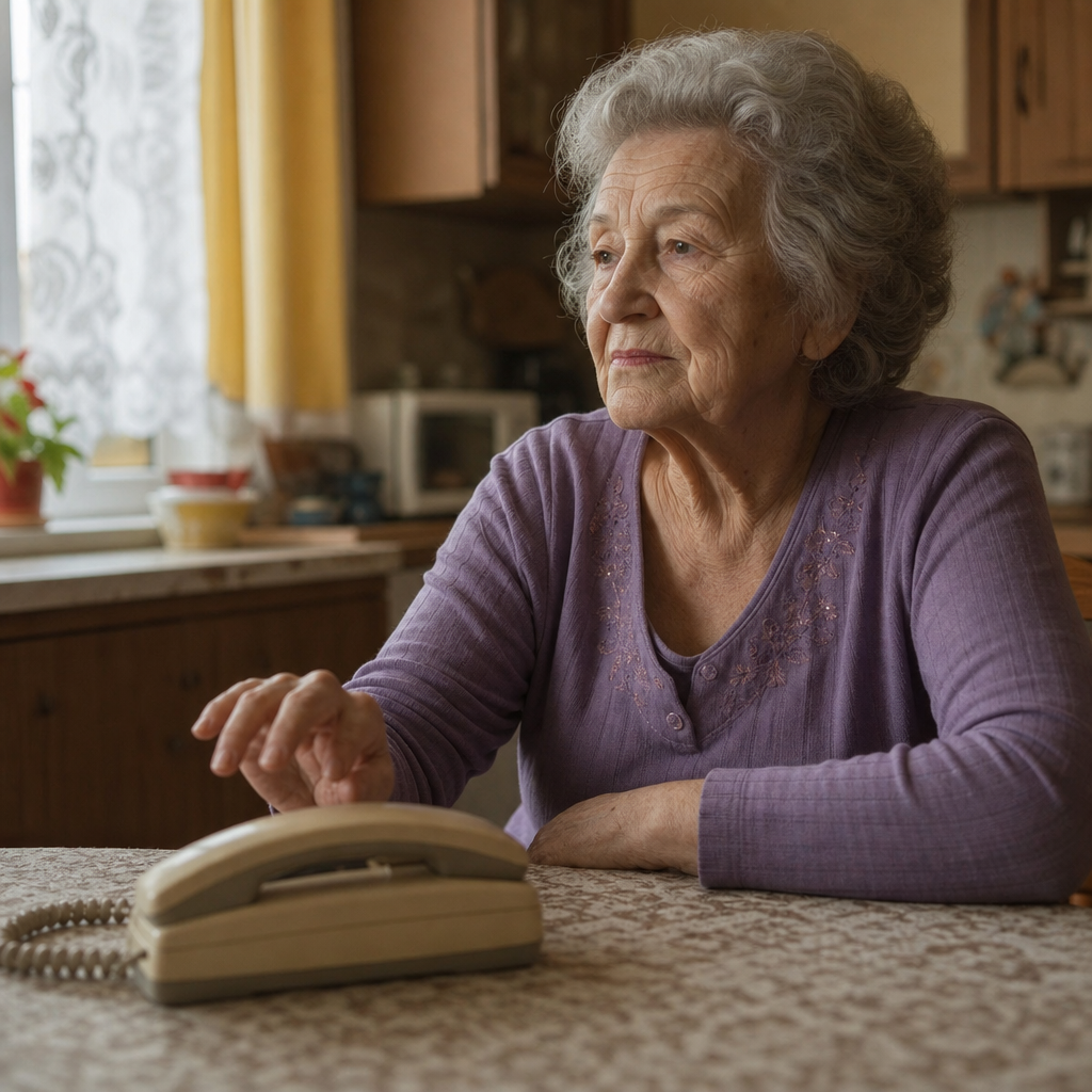 Don't want to be a burden - older woman at her kitchen table hesitating before picking up the phone