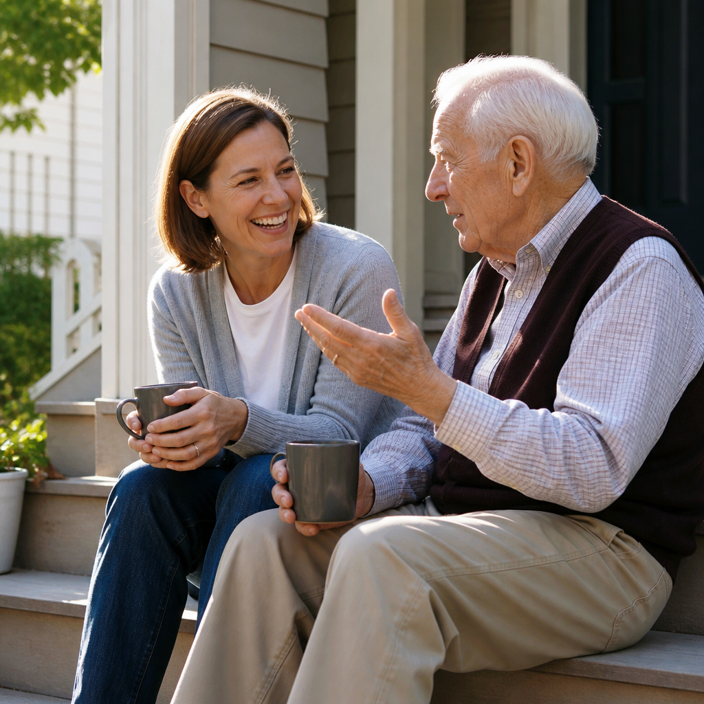 Don't want to be a burden - adult daughter laughing with her elderly father on the porch, glad to be there