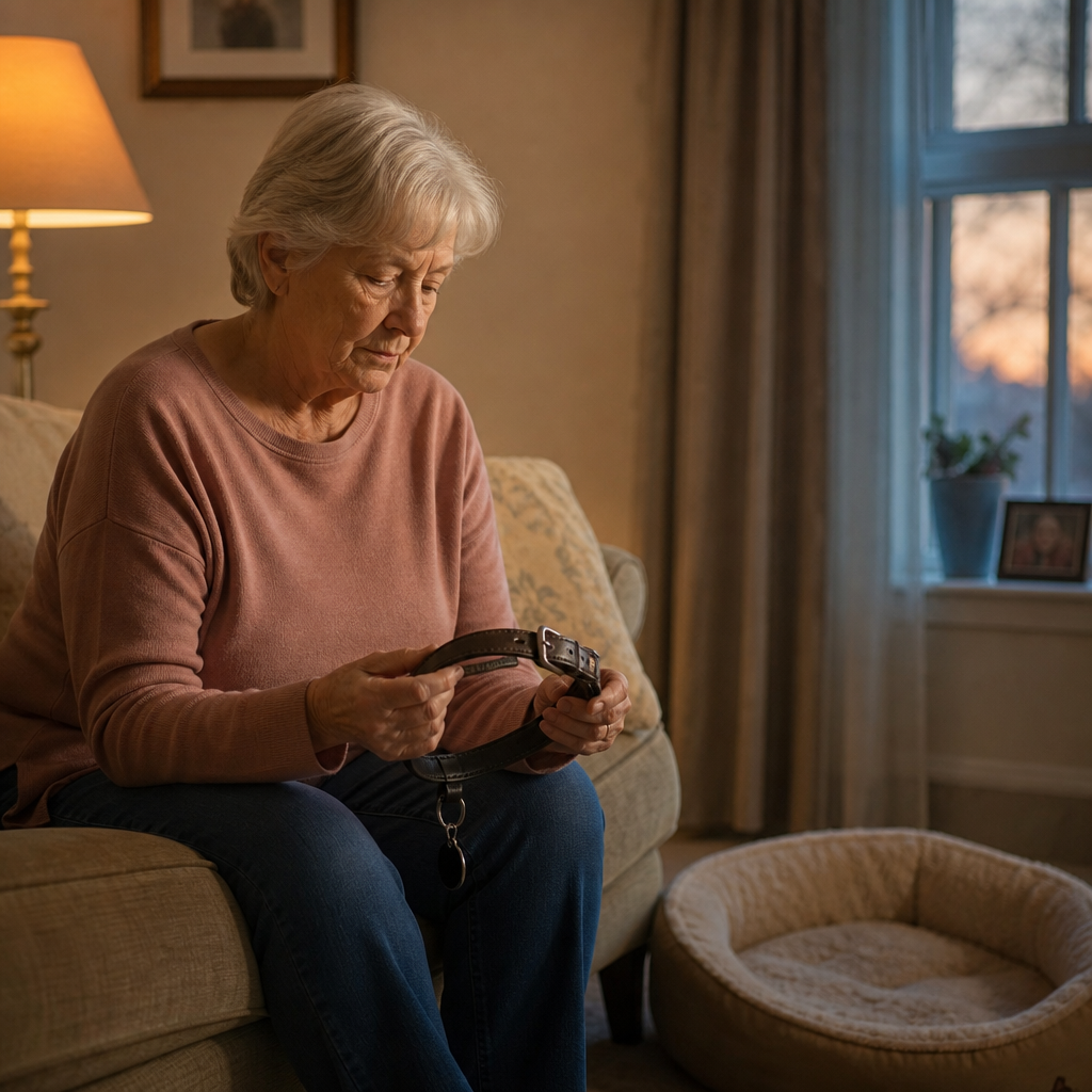 lonely after losing a pet — an older woman sitting alone in a quiet living room holding her dog's empty collar