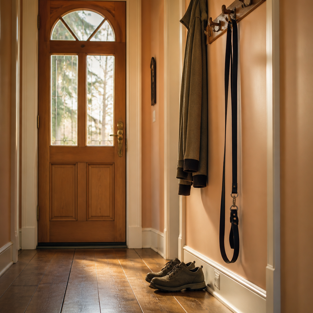 lonely after losing a pet — an empty dog leash still hanging by the front door beside the walking shoes