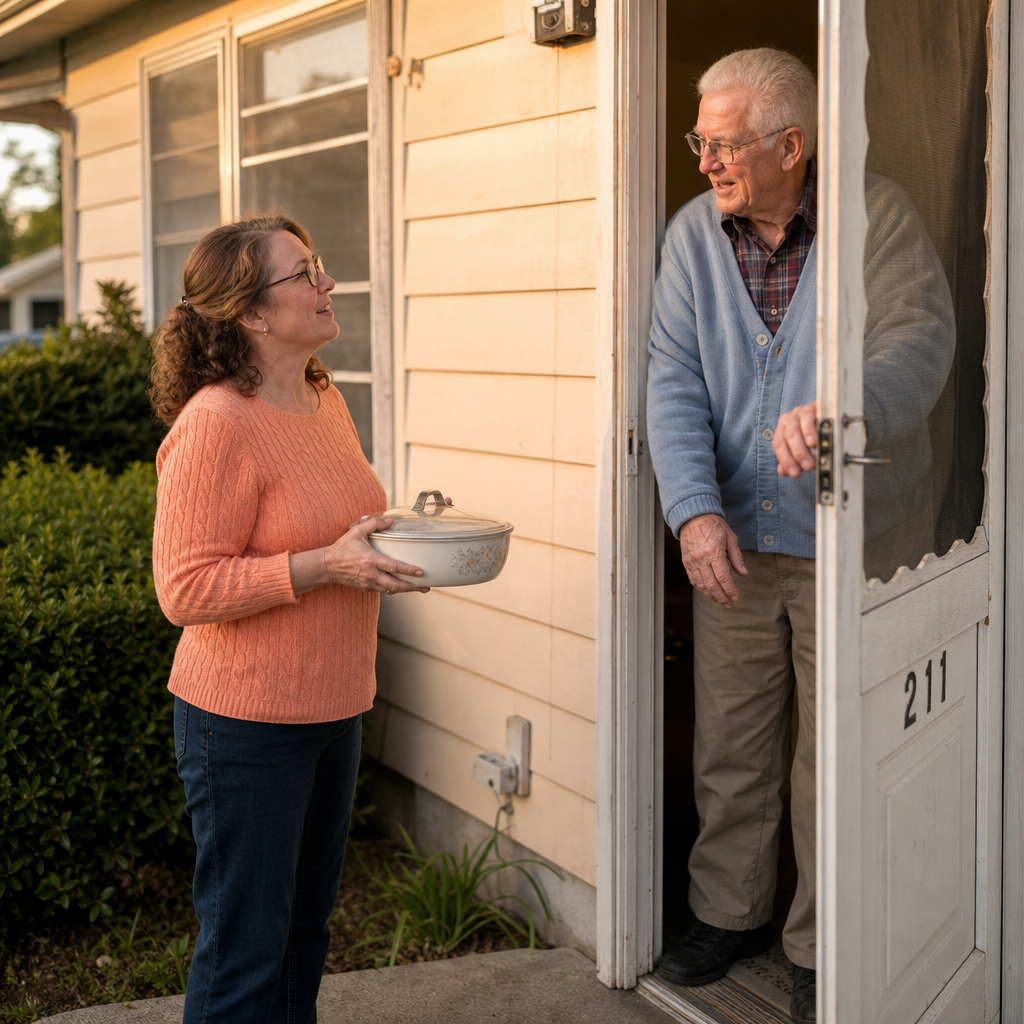 How to check on an elderly neighbor — a woman bringing food to an older man's front porch