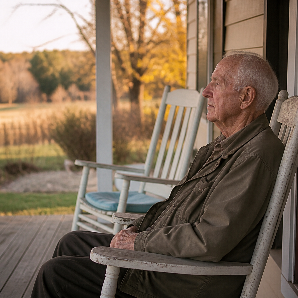 All my friends have died — an older man sitting alone on his porch beside an empty rocking chair