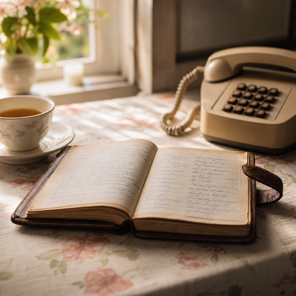 All my friends have died — a worn address book open beside a telephone and a cup of tea