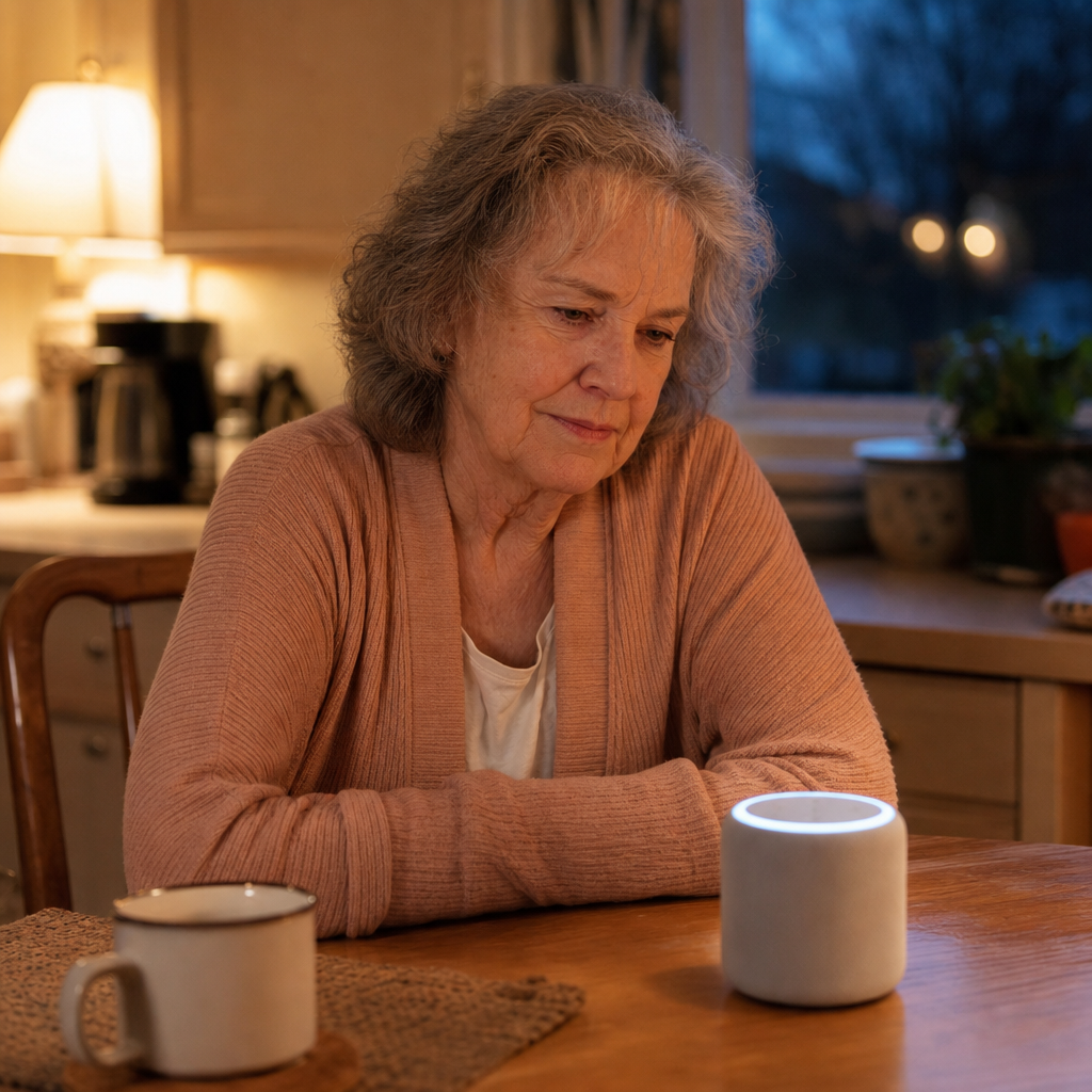 AI companion for seniors: an older woman sits at her kitchen table in the evening beside a small glowing voice device
