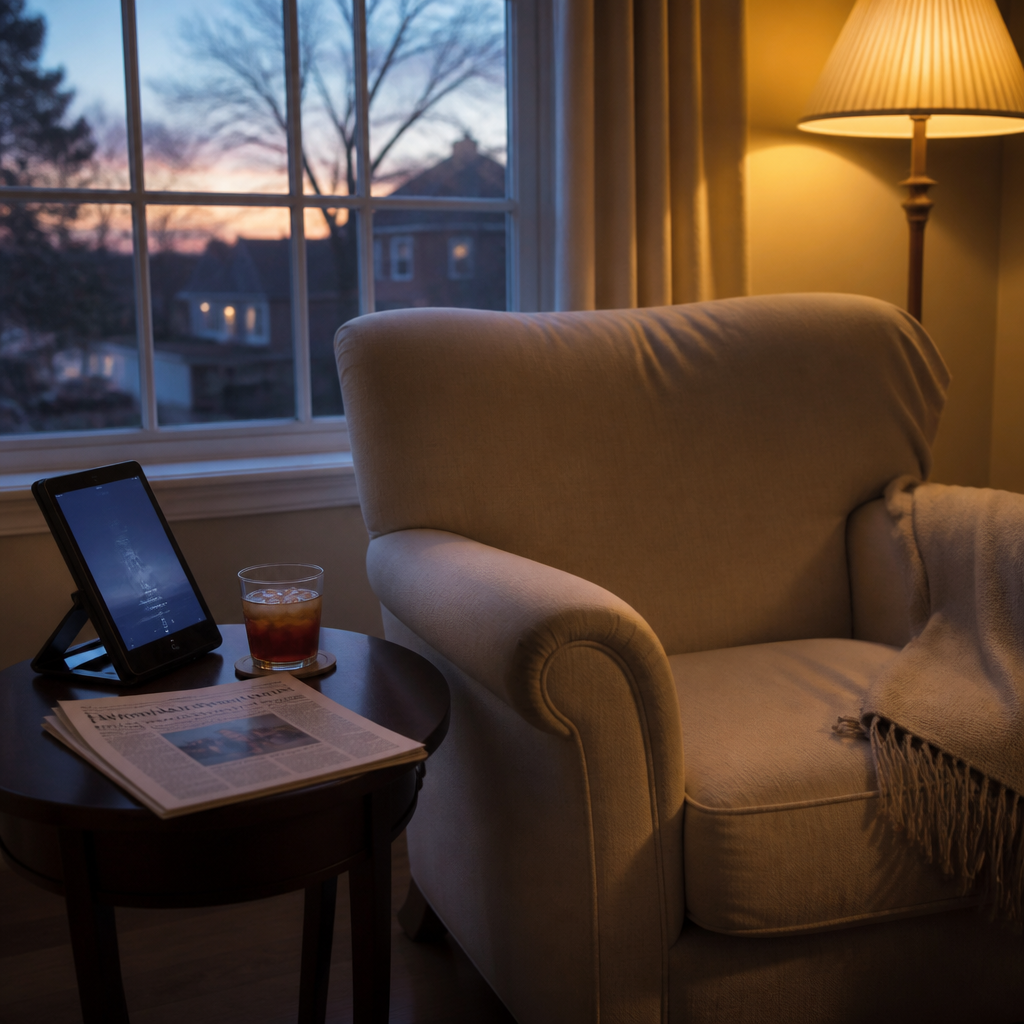 AI companion for seniors: an empty armchair at dusk beside a side table holding a tablet with a faintly glowing screen
