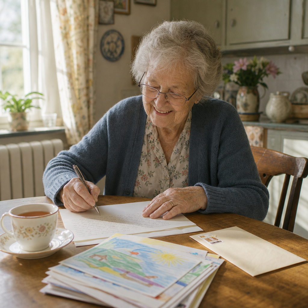 long distance grandparenting — a grandmother writing a letter to her grandchildren at the kitchen table