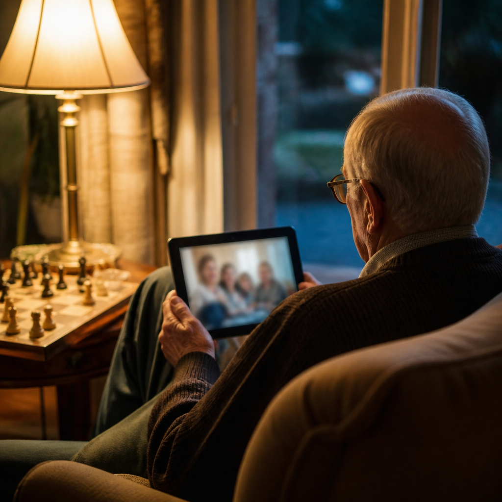 long distance grandparenting — a grandfather on an evening video call with his grandchildren from his armchair