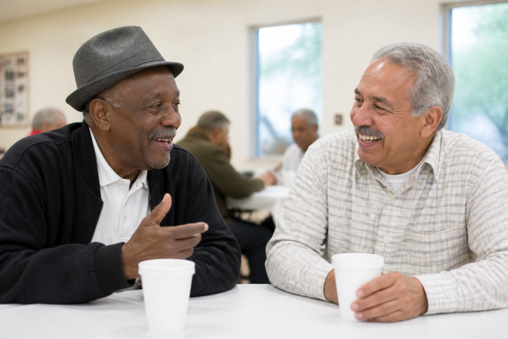 is loneliness a mental illness — two men in their 60s talking together at a community center