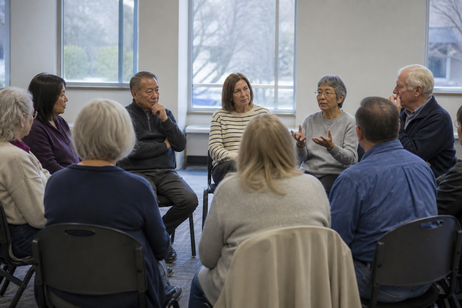 loneliness support — diverse group of older adults in a support group meeting