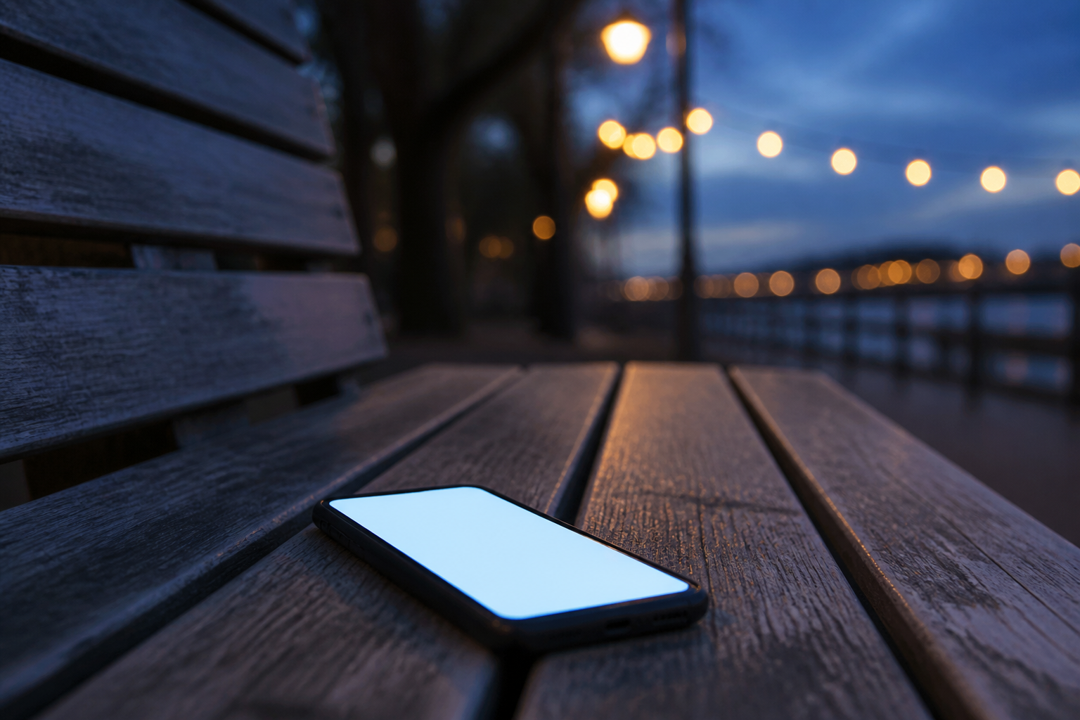 apps to talk to a real person — a phone glowing on a park bench at dusk, no one around